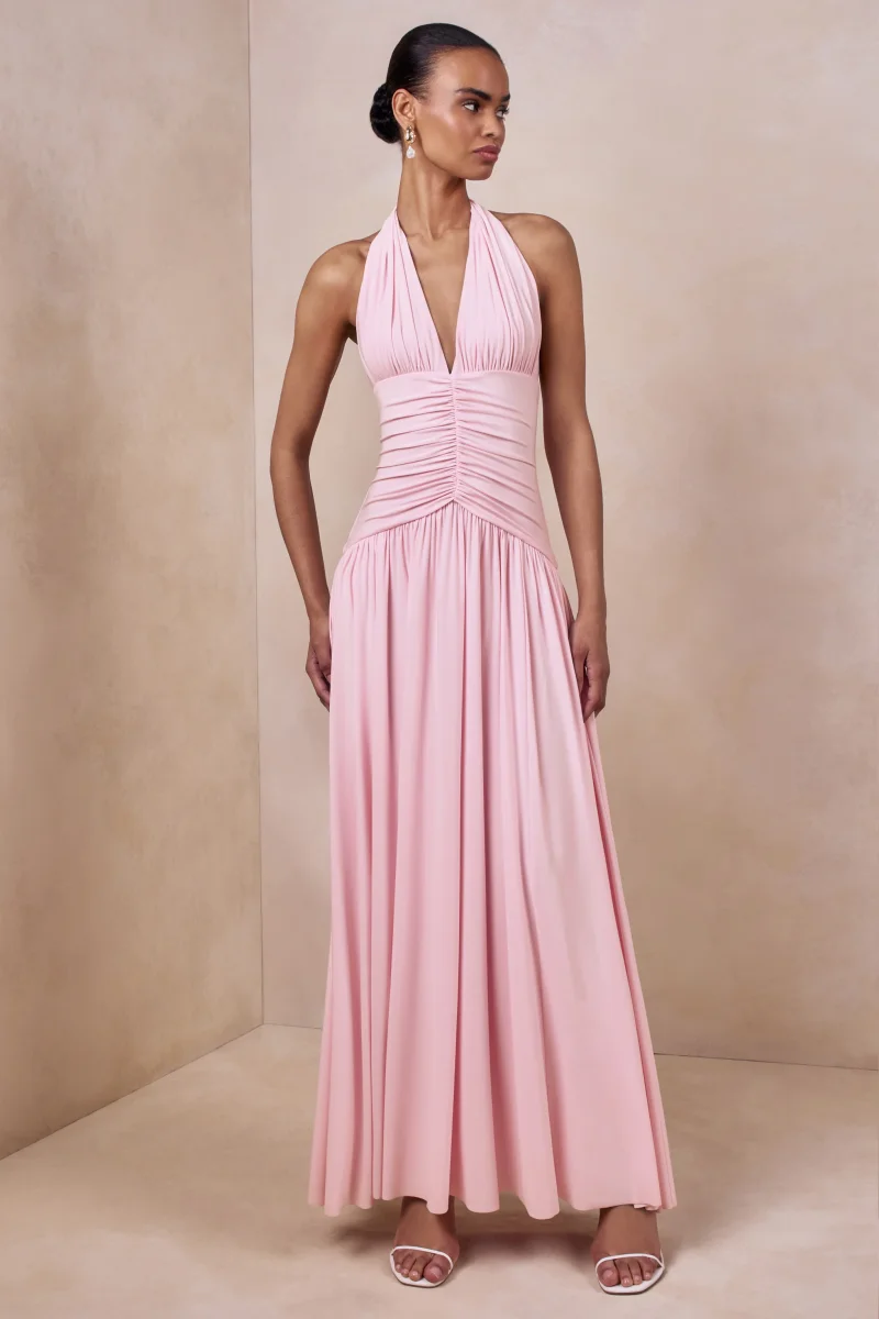 Bettina | Vestido largo rosa con escote pronunciado y detalles fruncidos - Imagen 5