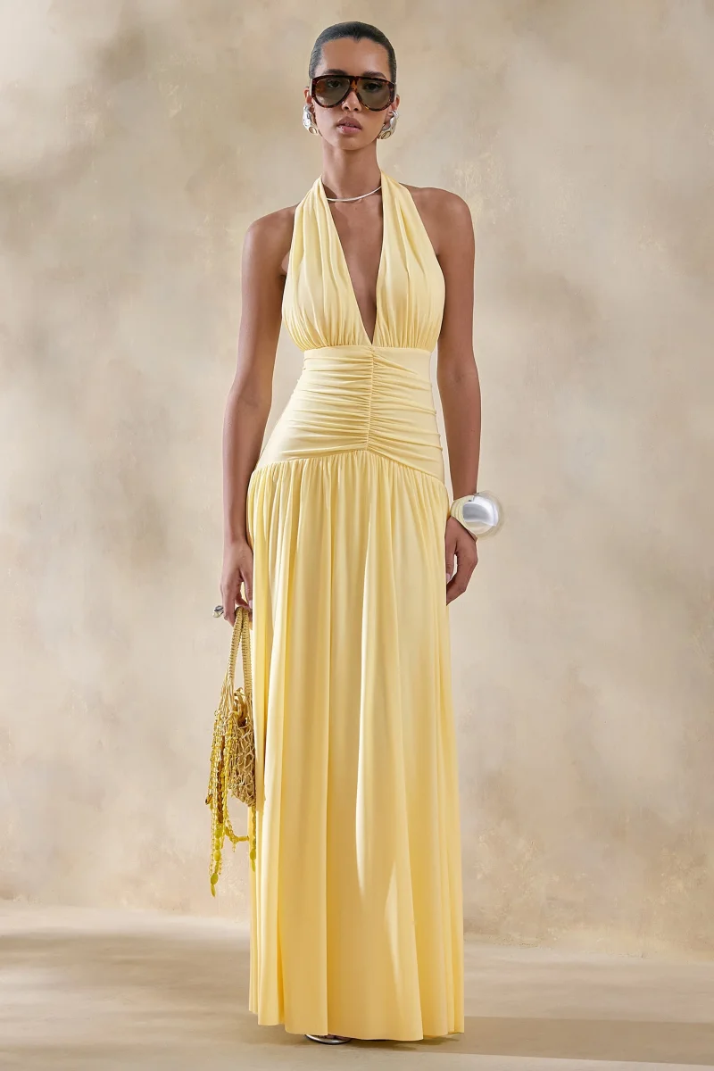 Bettina | Vestido largo color limón con escote profundo y detalles fruncidos - Imagen 5