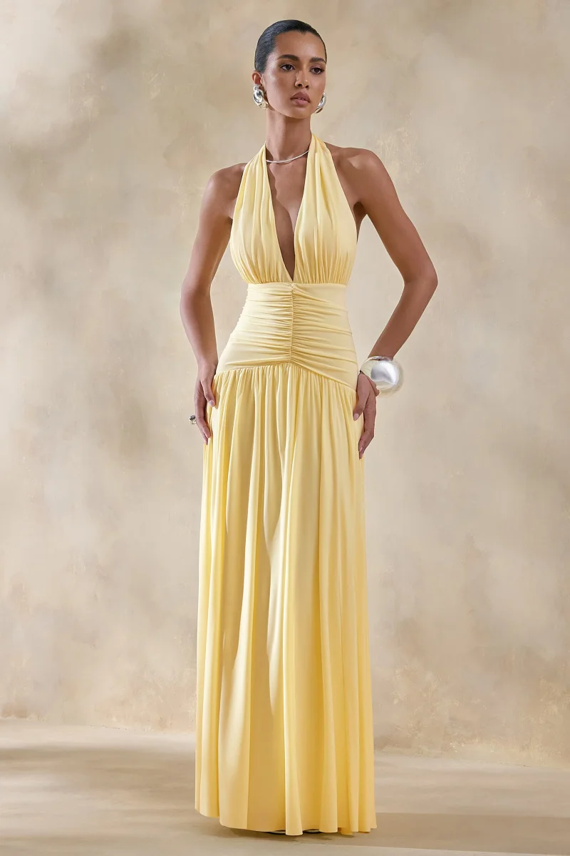 Bettina | Vestido largo color limón con escote profundo y detalles fruncidos - Imagen 6