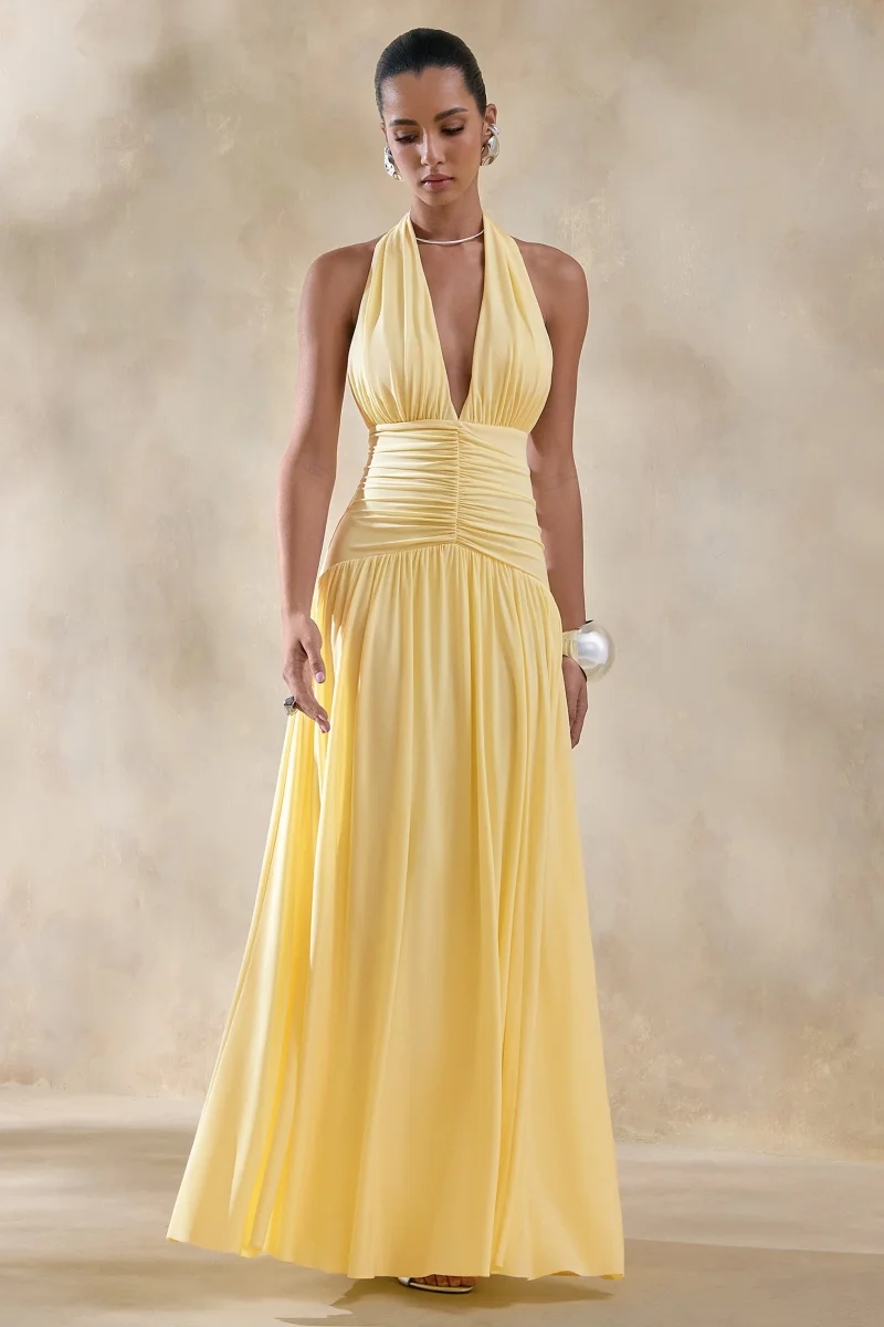 Bettina | Vestido largo color limón con escote profundo y detalles fruncidos - Imagen 8