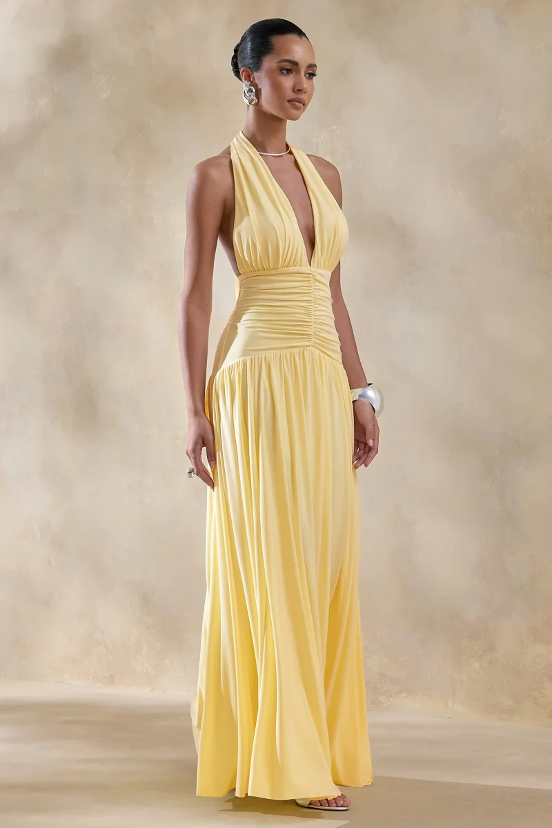 Bettina | Vestido largo color limón con escote profundo y detalles fruncidos - Imagen 7