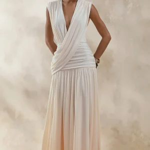 Glorina | Crema Escote Pronunciado Vestido Largo con Detalle Drapeado