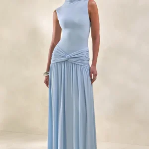 Glimora | Vestido Largo Azul celeste de Cuello Alto con Detalle Fruncido