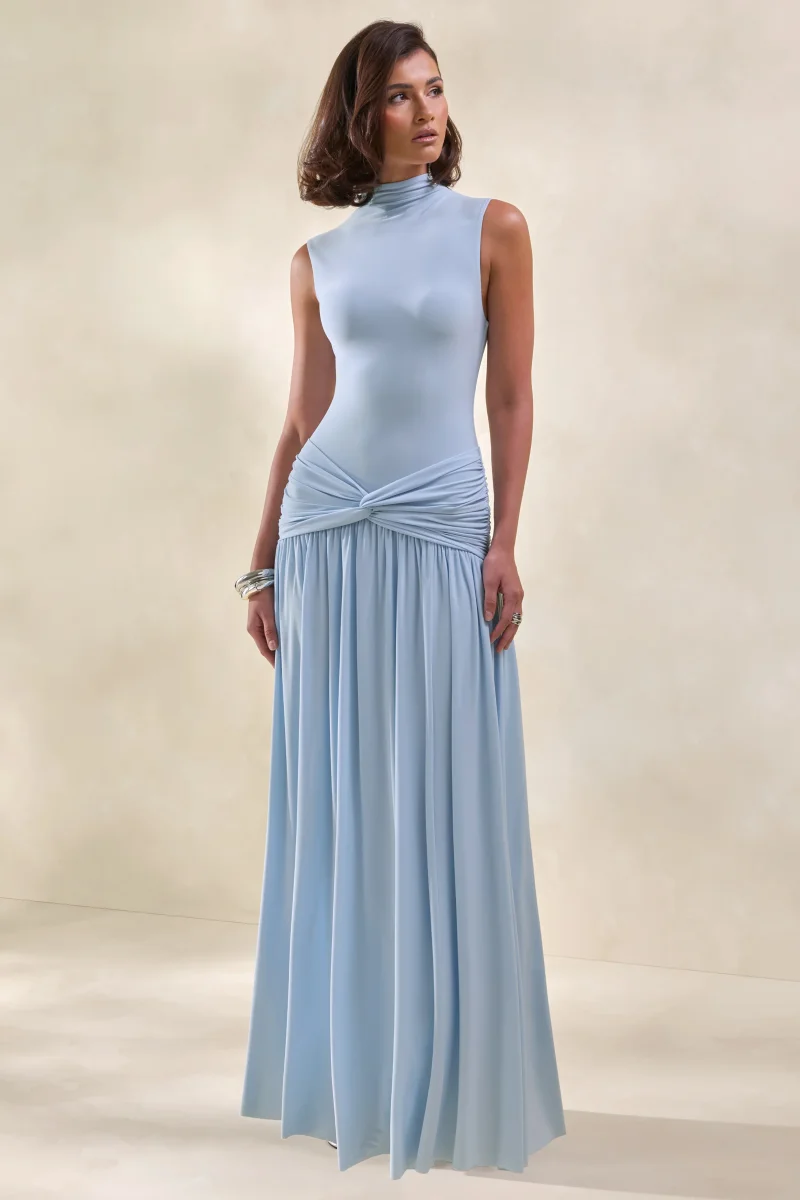 Glimora | Vestido Largo Azul celeste de Cuello Alto con Detalle Fruncido - Imagen 6