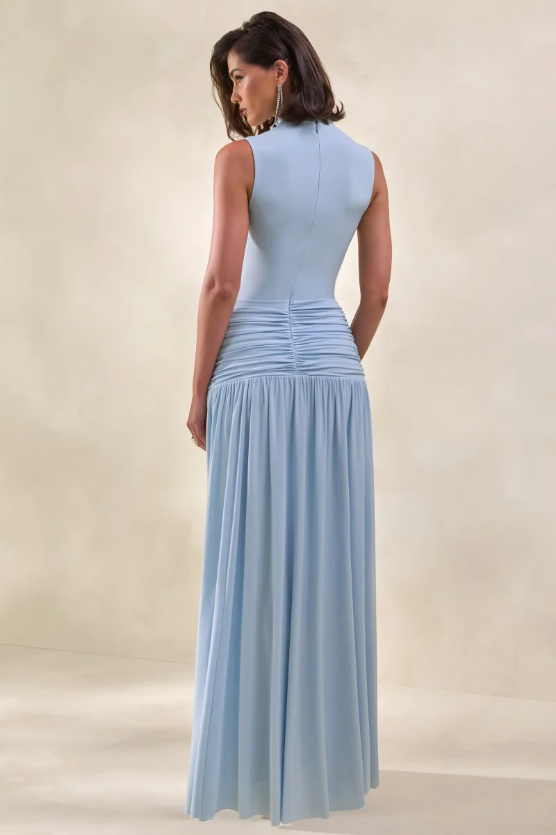 Glimora | Vestido Largo Azul celeste de Cuello Alto con Detalle Fruncido - Imagen 3