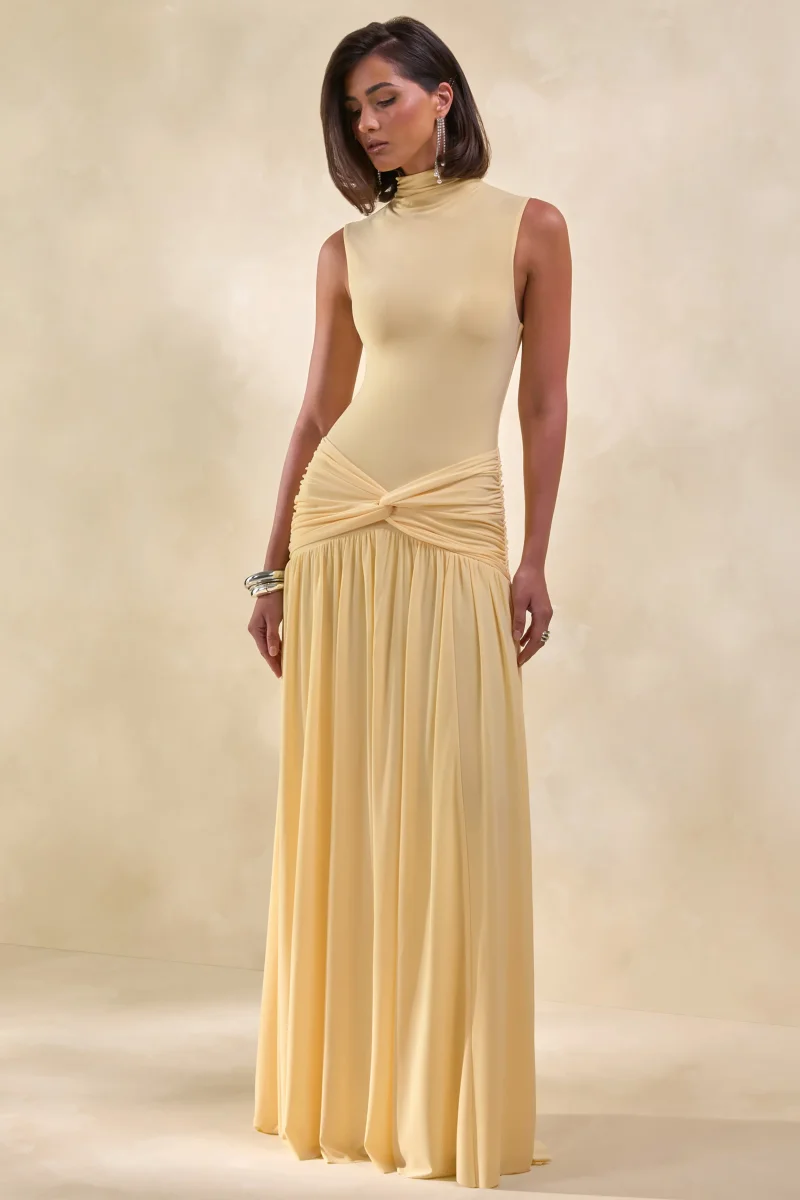 Glimora | Vestido Largo Limón de Cuello Alto con Detalle Fruncido - Imagen 5