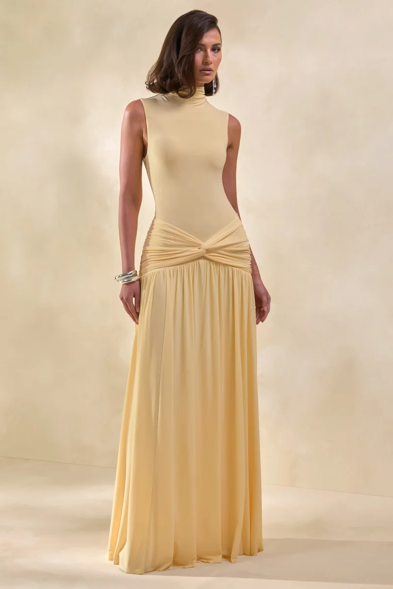 Glimora | Vestido Largo Limón de Cuello Alto con Detalle Fruncido - Imagen 6