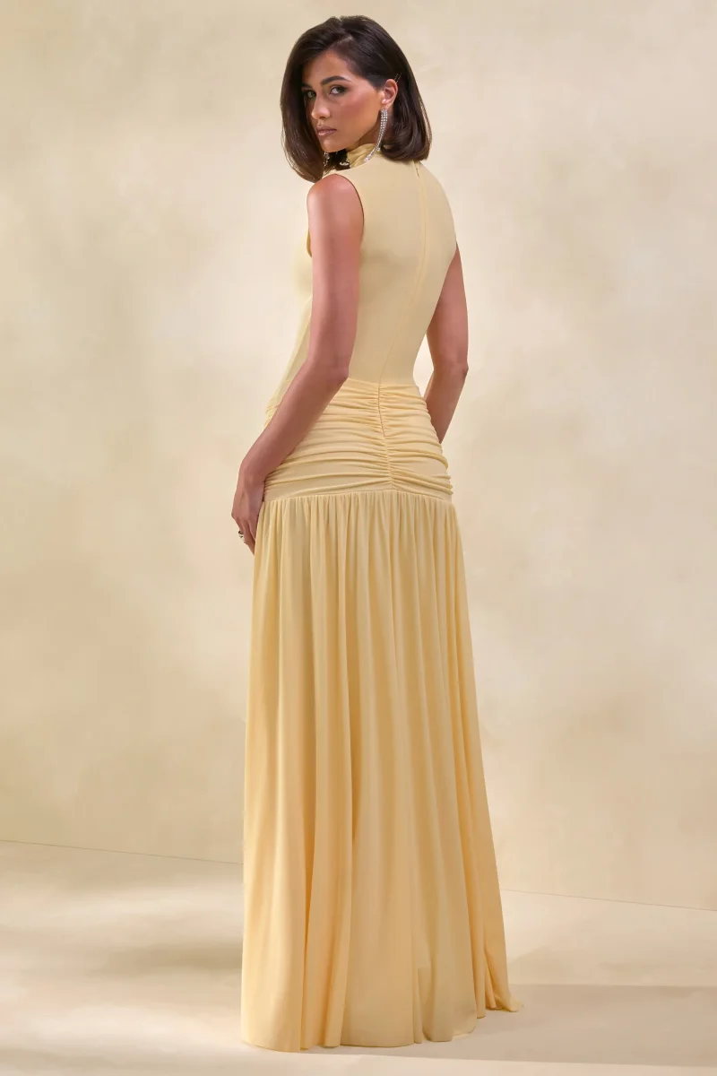 Glimora | Vestido Largo Limón de Cuello Alto con Detalle Fruncido - Imagen 3