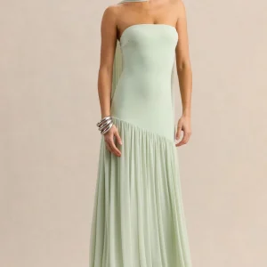 Bambi | Vestido Largo Menta Bandeau con Detalle de Pañuelo