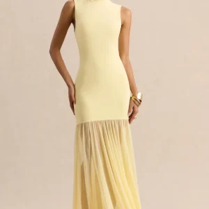 Felina | Vestido Largo Color Limón De Jersey Elástico Con Falda Transparente