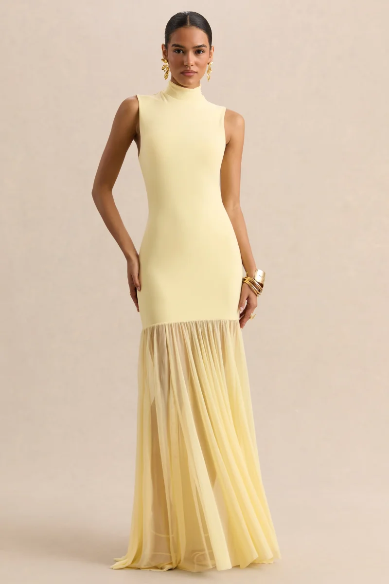 Felina | Vestido Largo Color Limón De Jersey Elástico Con Falda Transparente