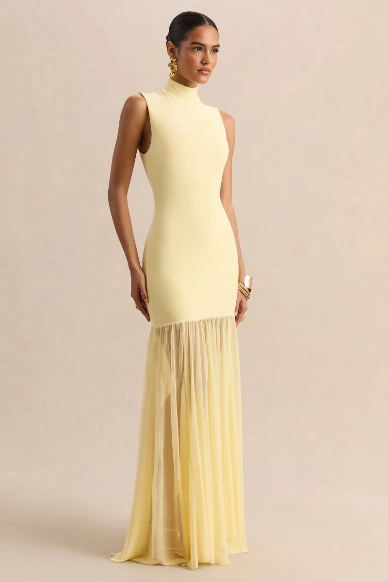 Felina | Vestido Largo Color Limón De Jersey Elástico Con Falda Transparente - Imagen 6