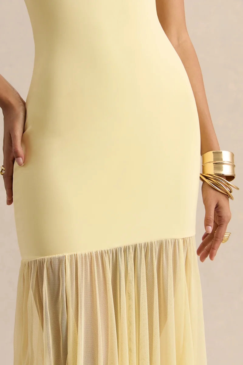 Felina | Vestido Largo Color Limón De Jersey Elástico Con Falda Transparente - Imagen 7