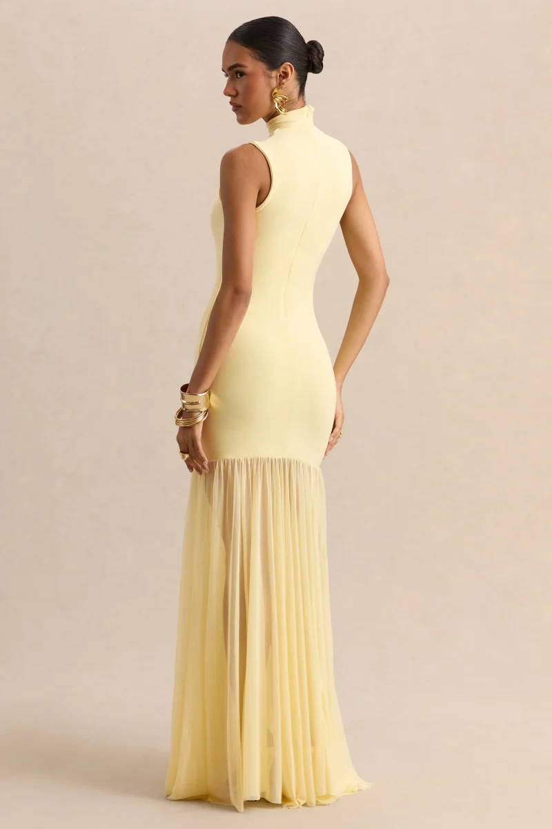 Felina | Vestido Largo Color Limón De Jersey Elástico Con Falda Transparente - Imagen 3