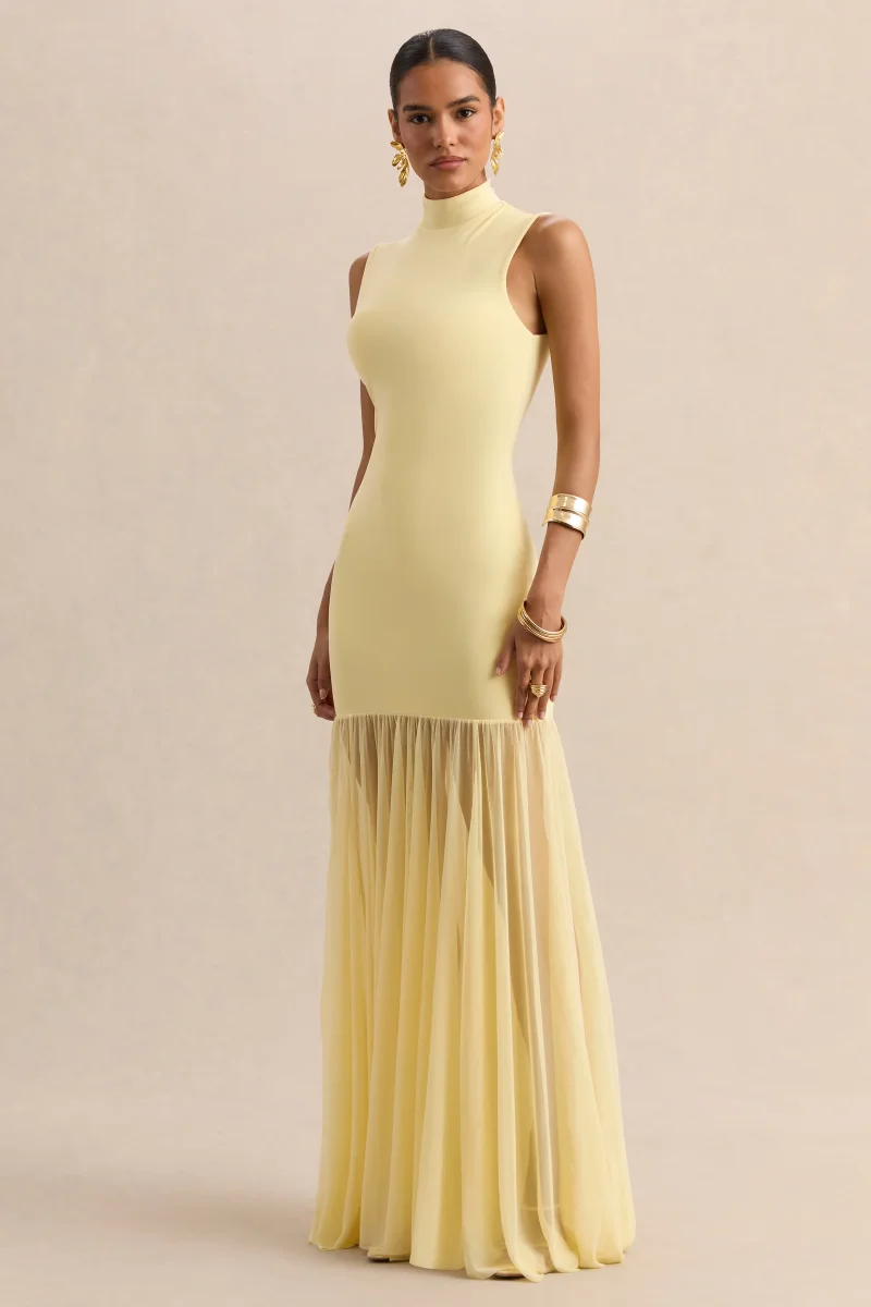 Felina | Vestido Largo Color Limón De Jersey Elástico Con Falda Transparente - Imagen 5