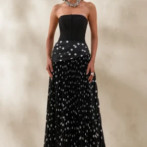 Valerisse | Vestido Largo Bandeau De Lunares Blancos Y Negros