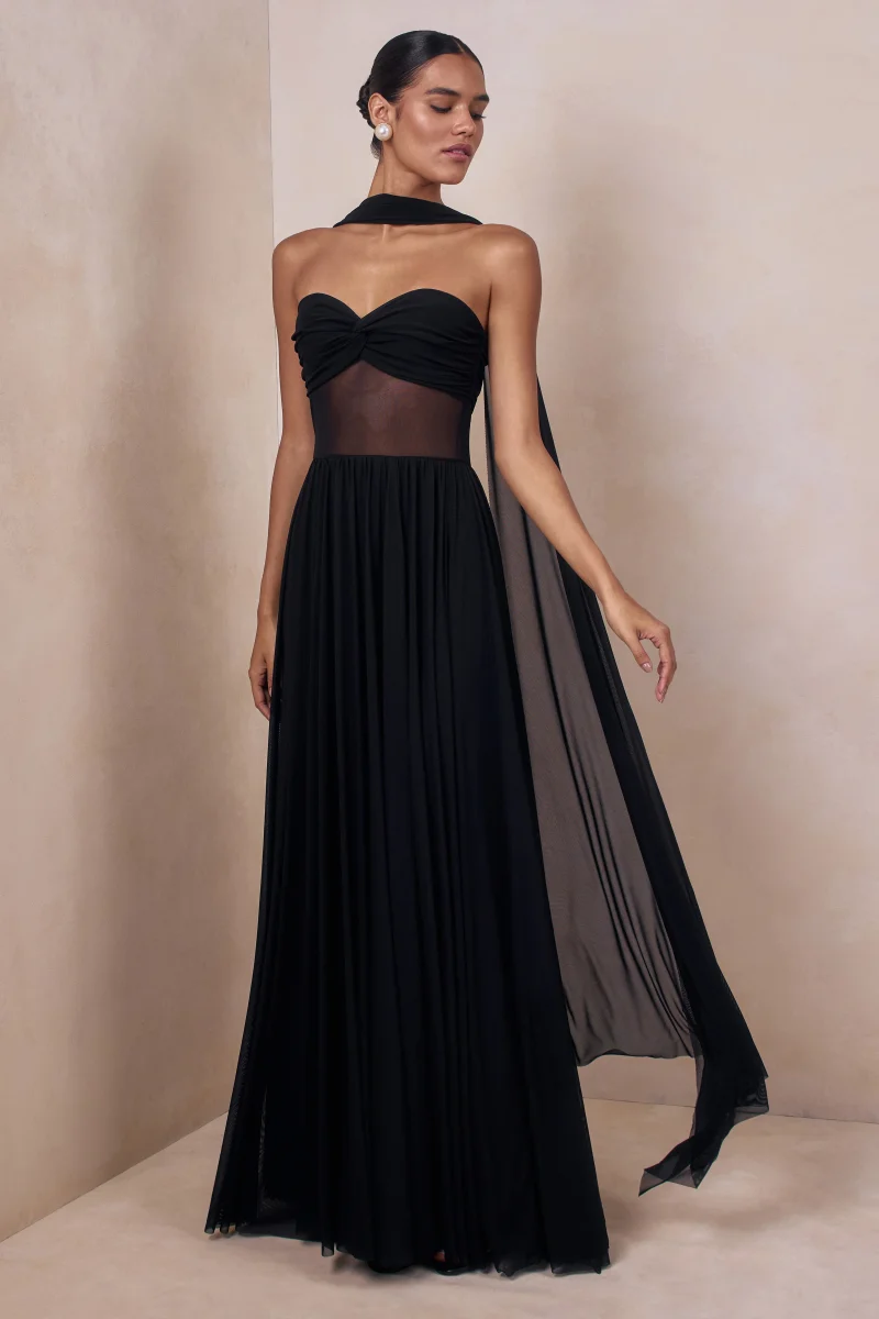 Lyvoria | Negro Bandeau Vestido Largo con Detalle de Malla y Pañuelo - Imagen 2
