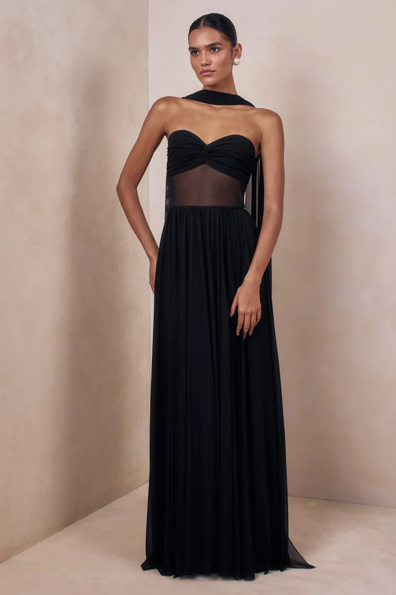 Lyvoria | Negro Bandeau Vestido Largo con Detalle de Malla y Pañuelo - Imagen 6