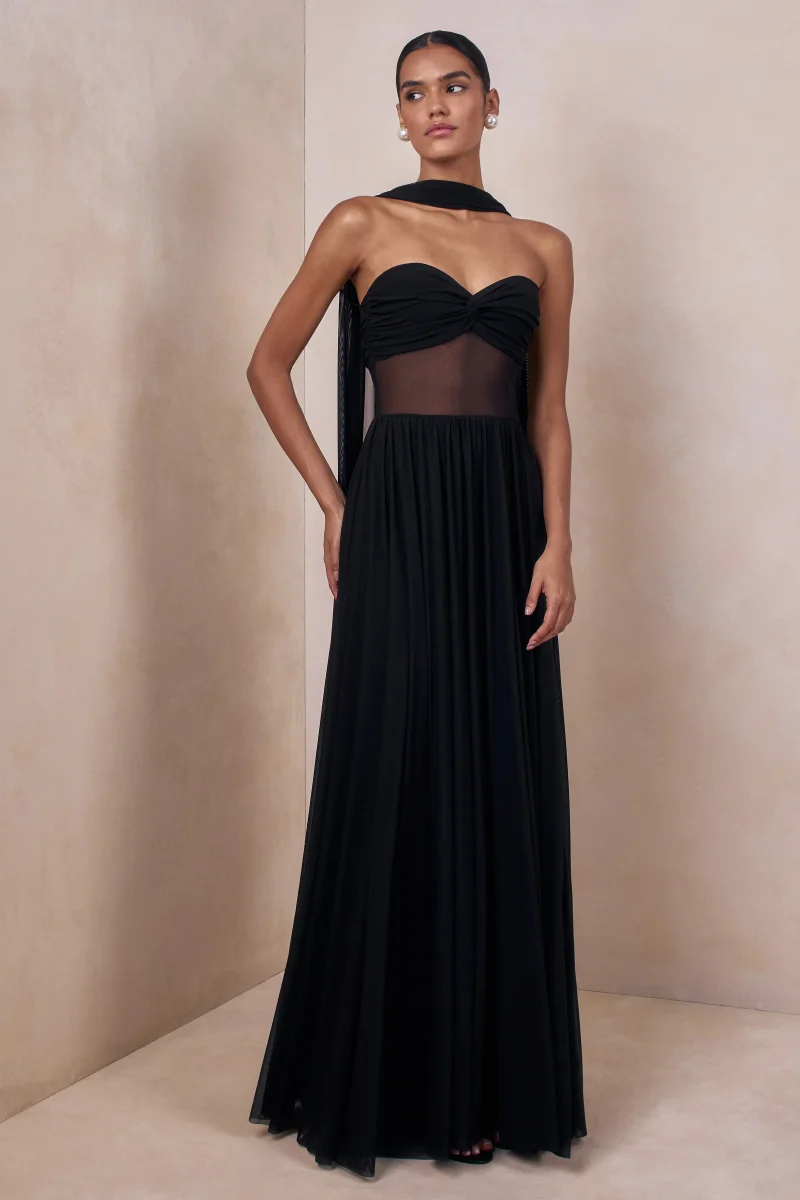 Lyvoria | Negro Bandeau Vestido Largo con Detalle de Malla y Pañuelo - Imagen 5
