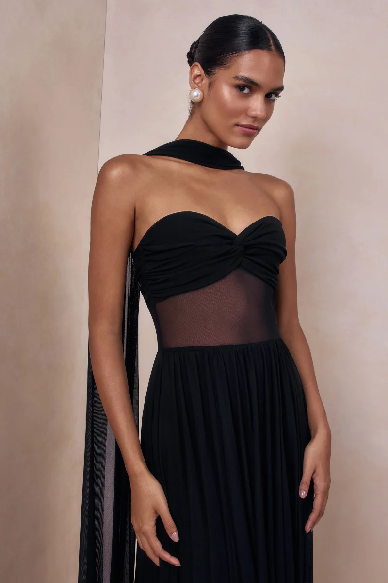 Lyvoria | Negro Bandeau Vestido Largo con Detalle de Malla y Pañuelo - Imagen 4