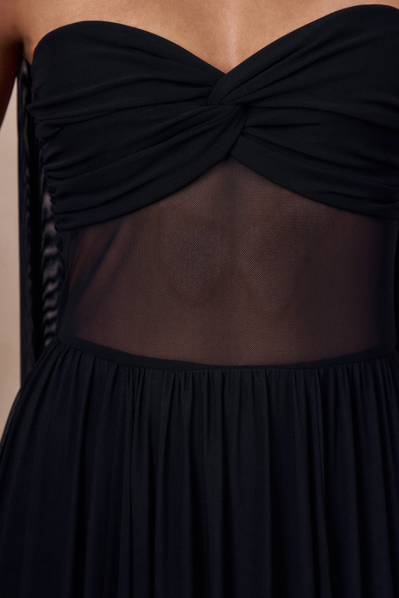 Lyvoria | Negro Bandeau Vestido Largo con Detalle de Malla y Pañuelo - Imagen 8