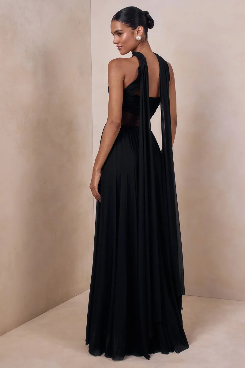 Lyvoria | Negro Bandeau Vestido Largo con Detalle de Malla y Pañuelo - Imagen 3