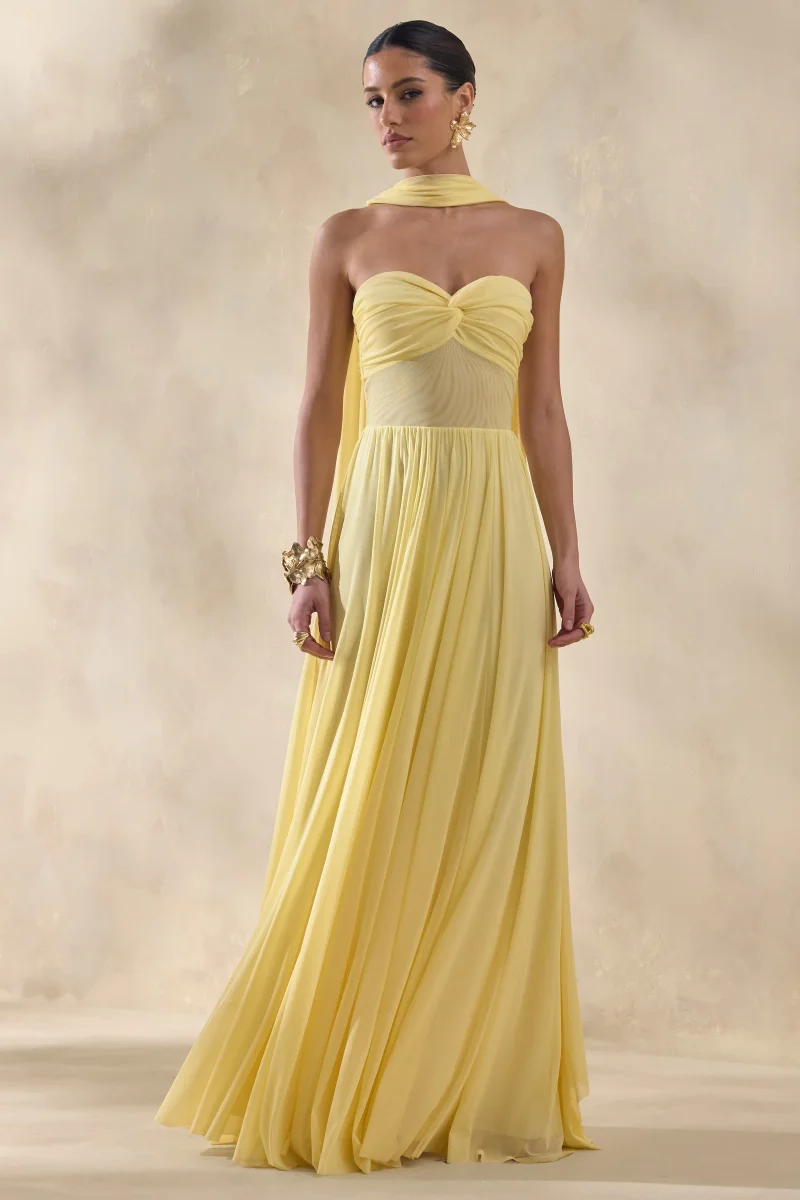 Lyvoria | Vestido Largo Amarillo Limón De Jersey Con Escote Bandeau Y Detalle De Pañuelo - Imagen 5