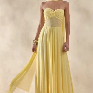 Lyvoria | Vestido Largo Amarillo Limón De Jersey Con Escote Bandeau Y Detalle De Pañuelo