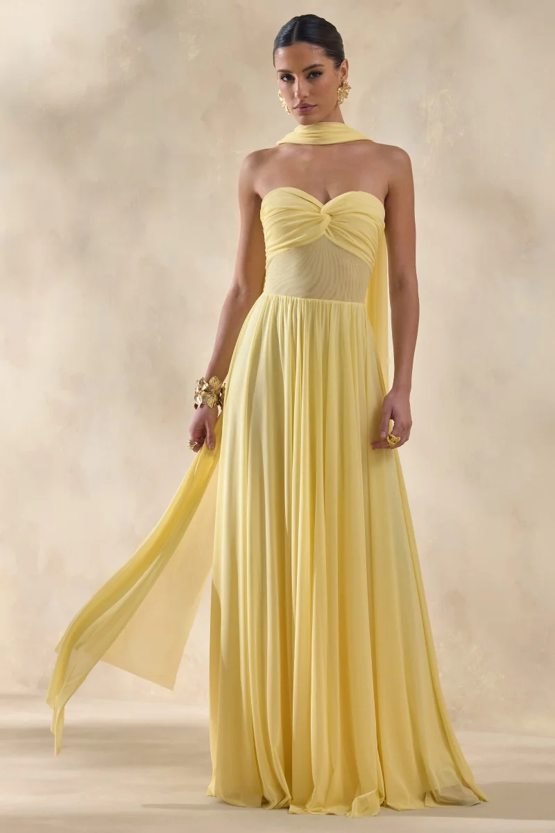 Lyvoria | Vestido Largo Amarillo Limón De Jersey Con Escote Bandeau Y Detalle De Pañuelo - Imagen 2
