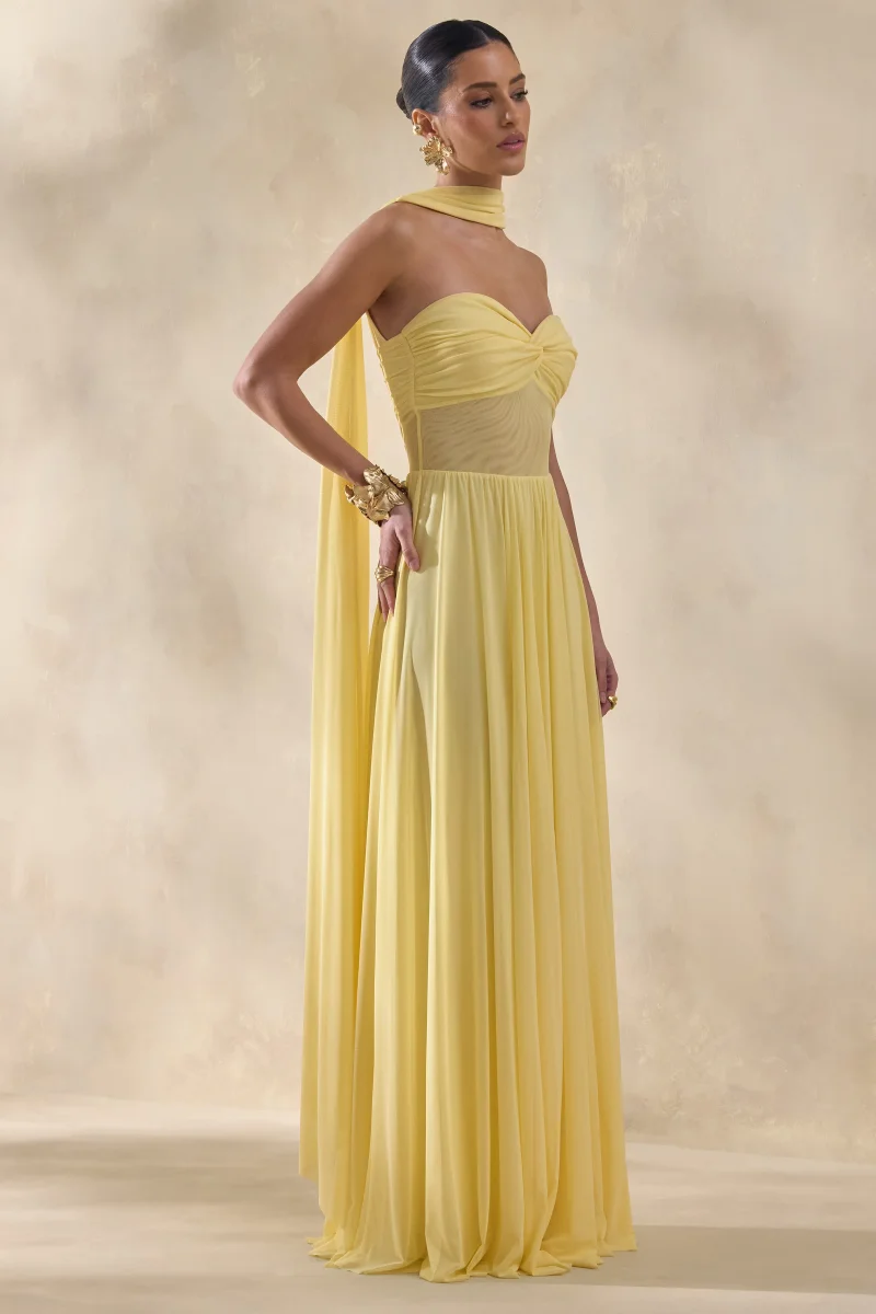 Lyvoria | Vestido Largo Amarillo Limón De Jersey Con Escote Bandeau Y Detalle De Pañuelo - Imagen 6