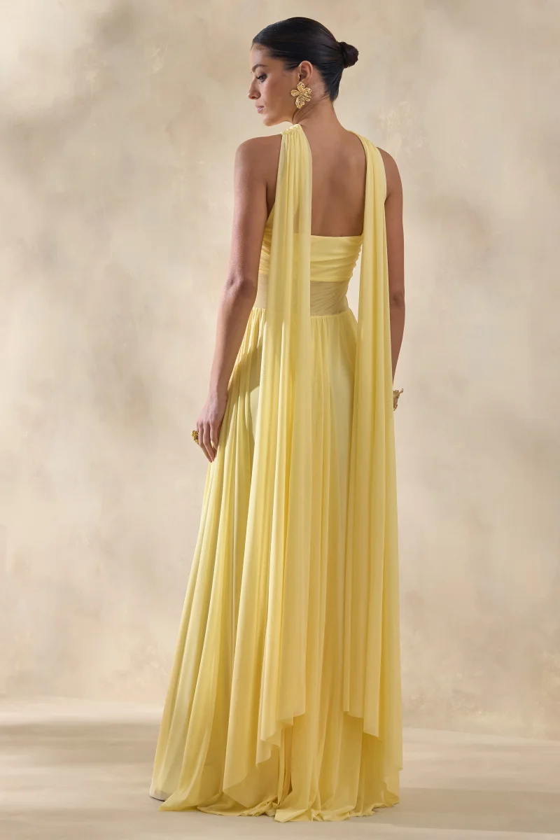 Lyvoria | Vestido Largo Amarillo Limón De Jersey Con Escote Bandeau Y Detalle De Pañuelo - Imagen 3