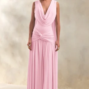 Amelisse | Vestido Largo Rosa Claro De Jersey Elástico Premium Con Escote Pronunciado Y Detalle Fruncido