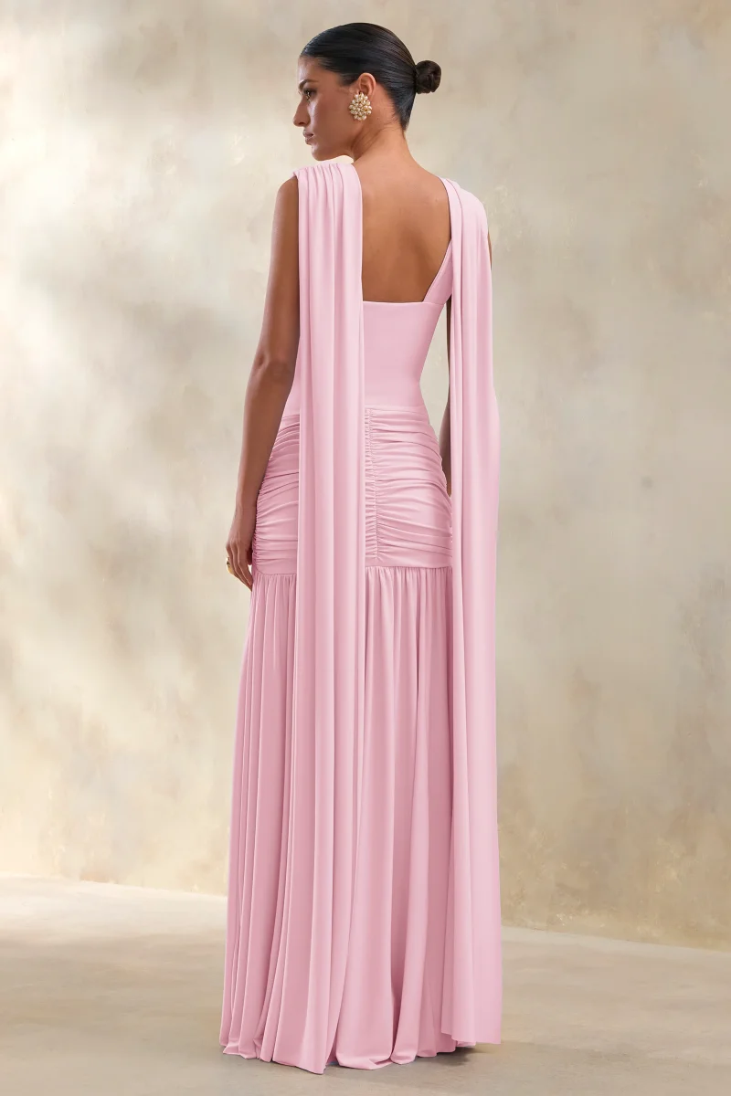 Amelisse | Vestido Largo Rosa Claro De Jersey Elástico Premium Con Escote Pronunciado Y Detalle Fruncido - Imagen 3
