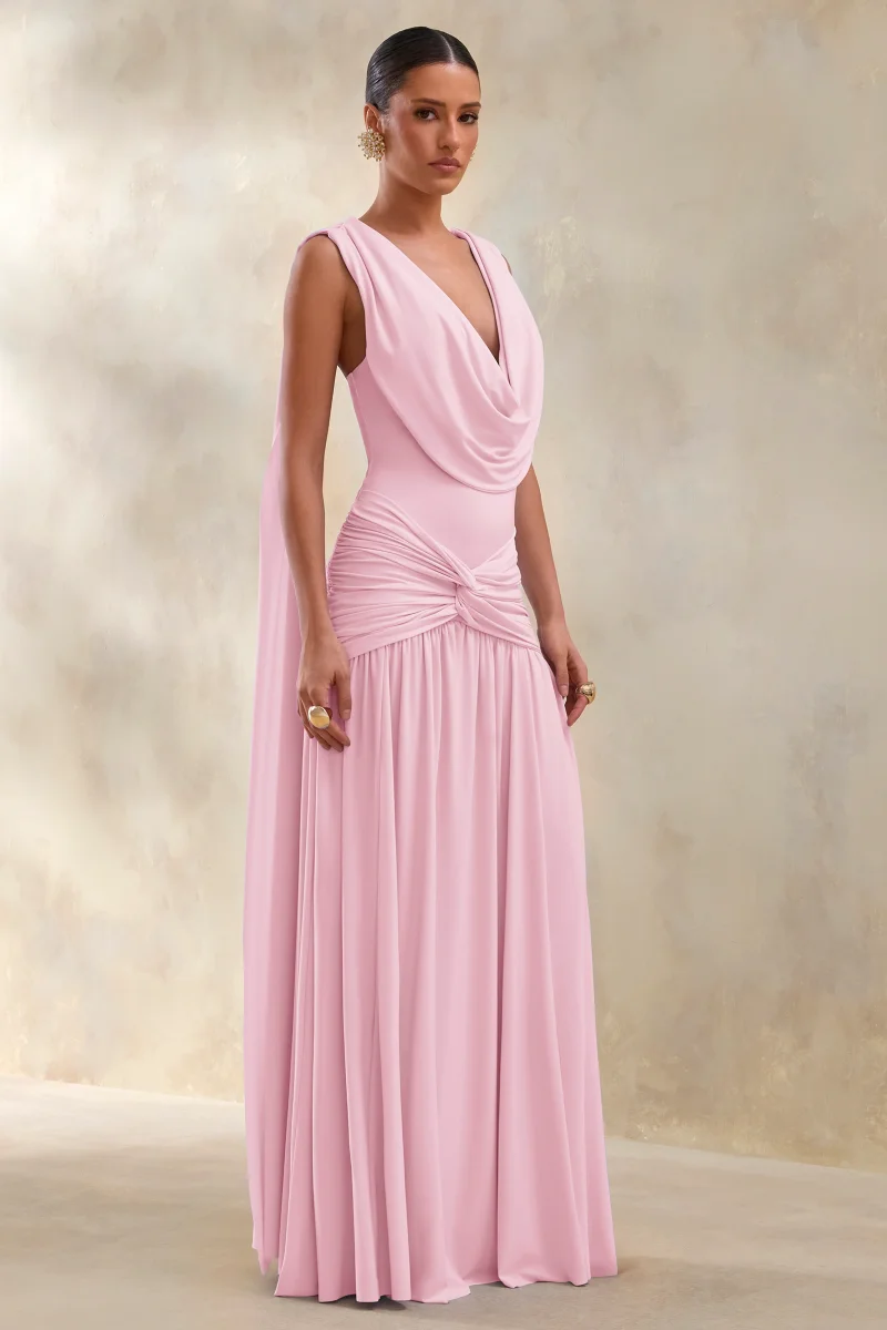 Amelisse | Vestido Largo Rosa Claro De Jersey Elástico Premium Con Escote Pronunciado Y Detalle Fruncido - Imagen 4