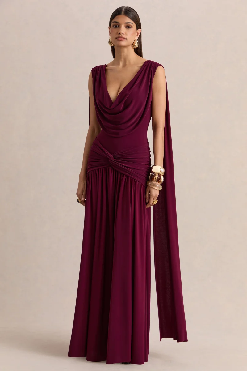 Amelisse | Vestido Largo Burdeos Con Escote Pronunciado Y Detalle Fruncido - Imagen 7
