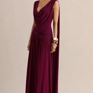 Amelisse | Vestido Largo Burdeos Con Escote Pronunciado Y Detalle Fruncido