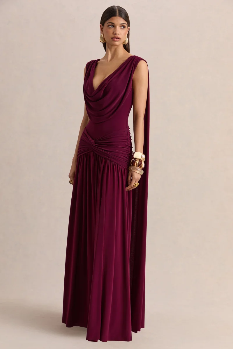 Amelisse | Vestido Largo Burdeos Con Escote Pronunciado Y Detalle Fruncido