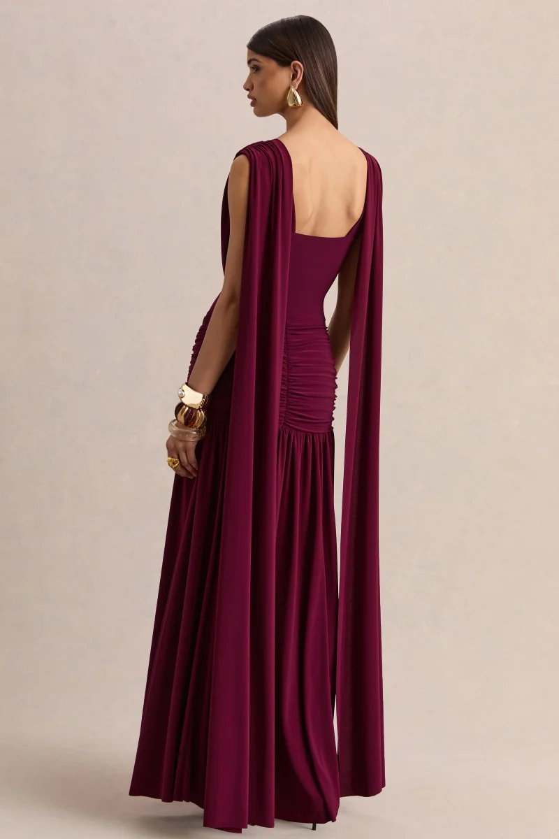 Amelisse | Vestido Largo Burdeos Con Escote Pronunciado Y Detalle Fruncido - Imagen 3