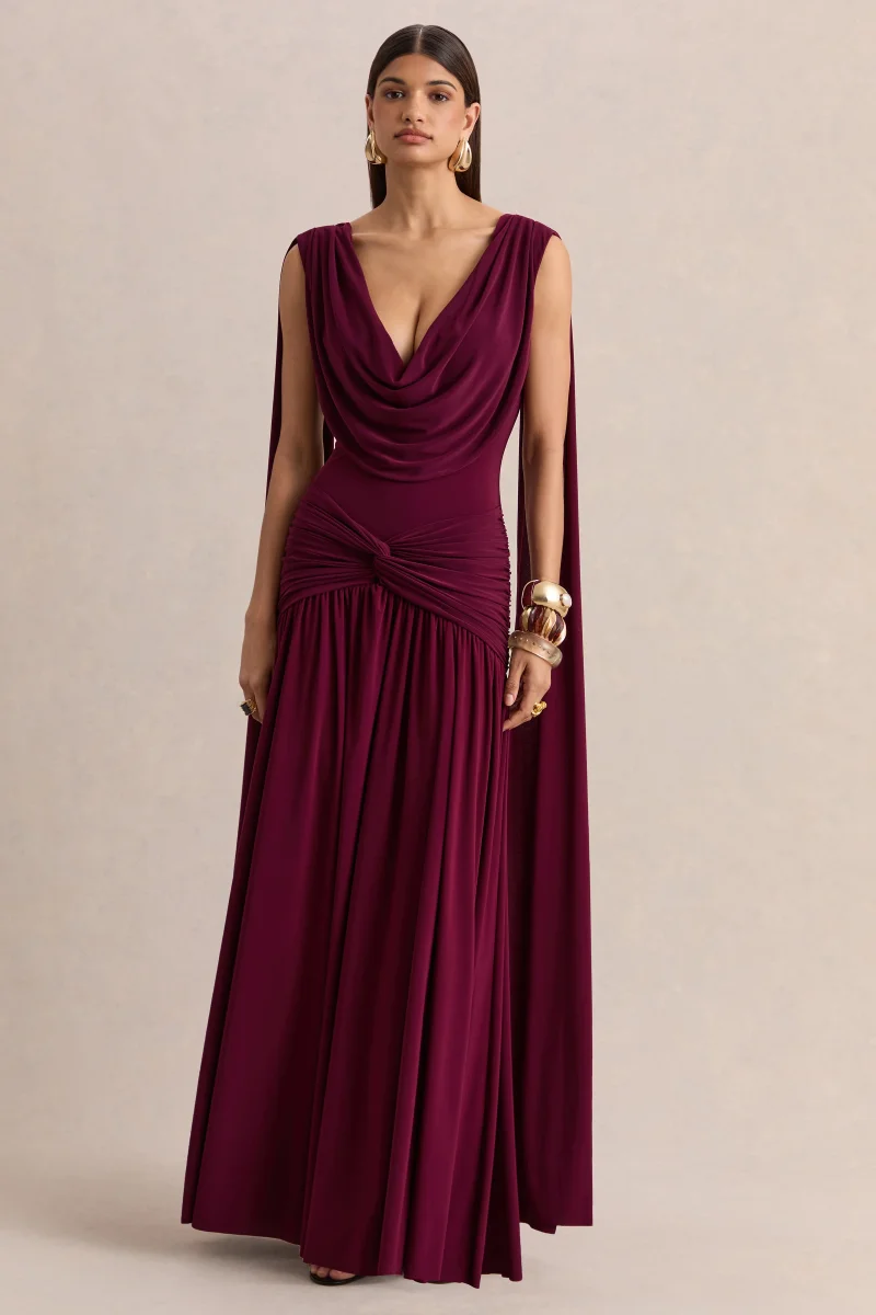 Amelisse | Vestido Largo Burdeos Con Escote Pronunciado Y Detalle Fruncido - Imagen 5