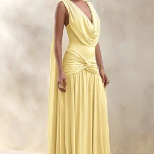 Amelisse | Vestido Largo Limón Con Escote Pronunciado Y Detalle Fruncido
