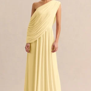 Sabianna | Vestido Largo Limón de Escote Asimétrico con Detalle Drapeado