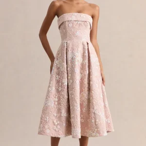 Amaris | Vestido Midi Skater Bandeau Floral Con Adornos Rosa