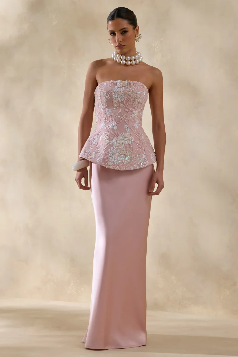 Corvina | Vestido Largo Rosa Con Cuerpo Corsé Embellecido Y Falda De Satén - Imagen 2