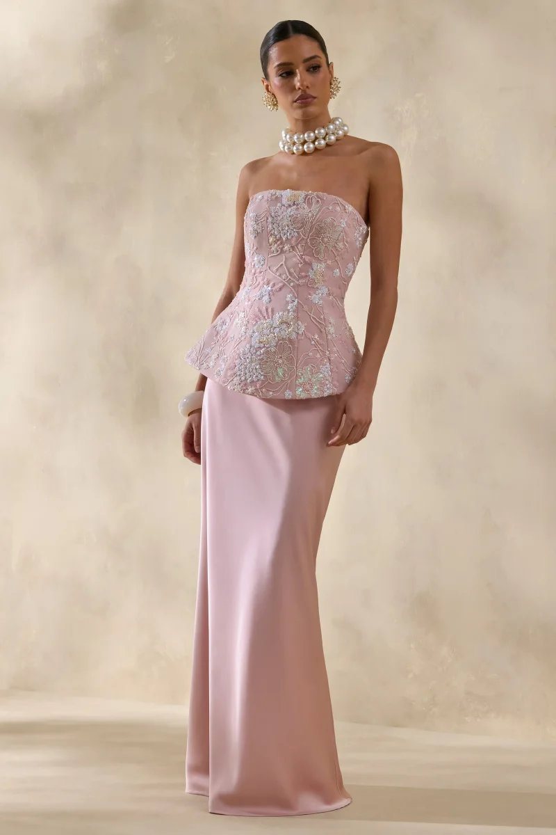 Corvina | Vestido Largo Rosa Con Cuerpo Corsé Embellecido Y Falda De Satén - Imagen 5