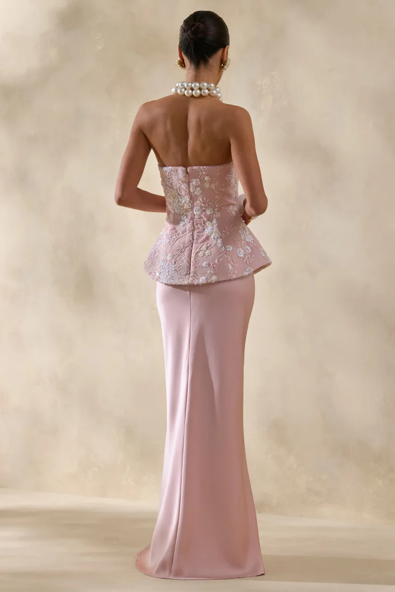 Corvina | Vestido Largo Rosa Con Cuerpo Corsé Embellecido Y Falda De Satén - Imagen 4