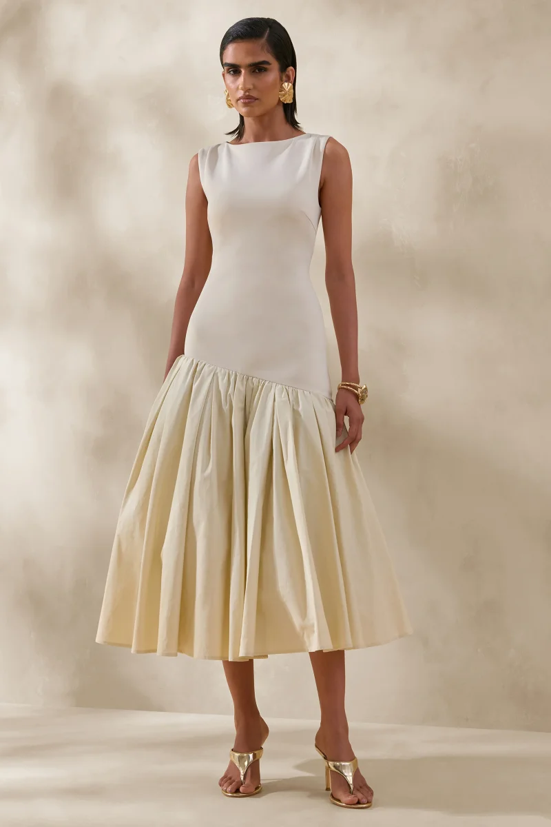 Fantasia | Vestido midi crema con escote barco y cintura caída asimétrica - Imagen 5