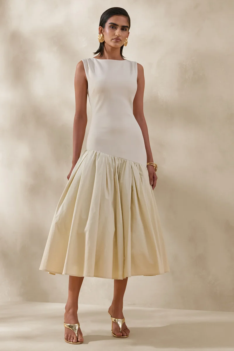 Fantasia | Vestido midi crema con escote barco y cintura caída asimétrica - Imagen 6
