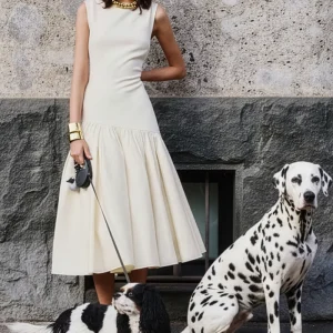 Fantasia | Vestido midi crema con escote barco y cintura caída asimétrica