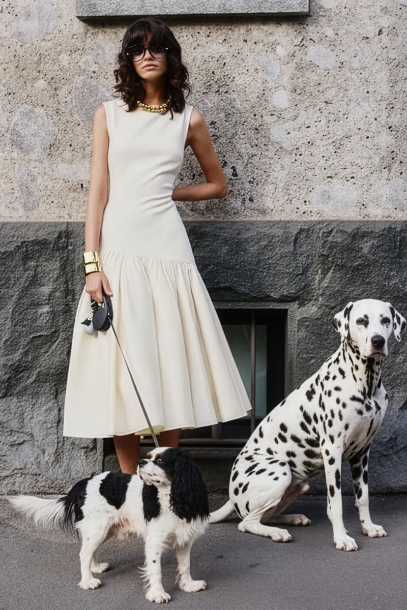 Fantasia | Vestido midi crema con escote barco y cintura caída asimétrica