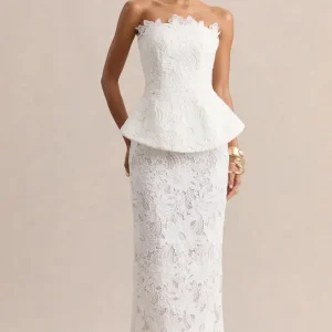 Delvine | Vestido Largo De Encaje Blanco Con Escote Bandeau Y Corsé